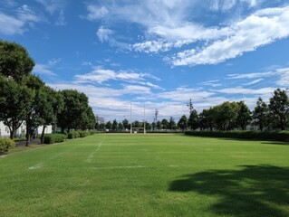 Open grassy field under a partly cloudy sky