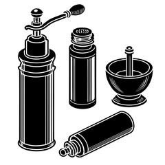 Vintage kitchen grinder mortar pestle bottles vector
