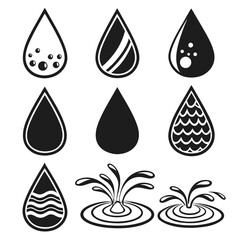 Water drops and splashes icons liquid symbols