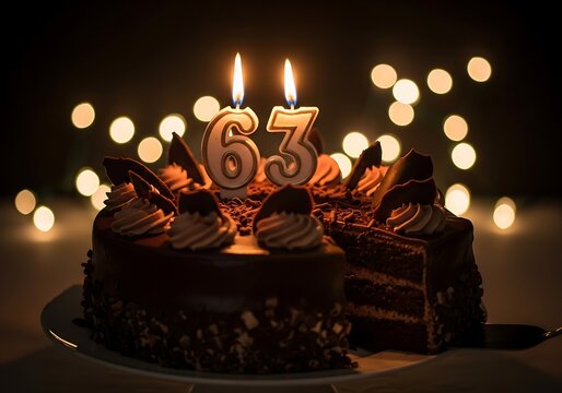63rd birthday chocolate cake with glowing lights