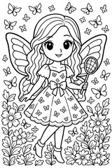 Fototapeta premium Charming fairy girl with butterfly wings holding a racket in flower garden