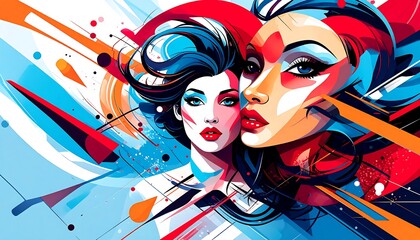 Abstract female faces with vibrant colors