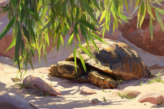 Turtle resting in sunlight under willow