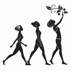 Women evolving reaching for fruit silhouettes evolution