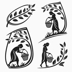 Women harvesting produce in decorative frames silhouette