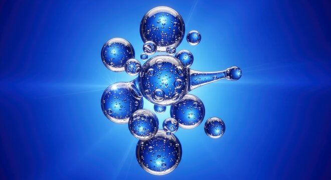 Interconnected transparent spheres filled with blue liquid and numerous small bubbles float against a radiant gradient blue background with light flares