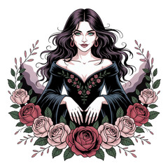 Halloween witch. Beautiful enchantress girl and roses.