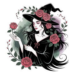 Girl in a witch hat. Halloween witch among roses.