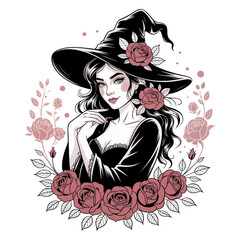 Witch girl in a Halloween hat. Beautiful lady and rose flowers. 