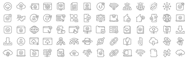 Download icon set featuring cloud, arrow, file, folder, browser, mobile, wifi, sync, update, security; clean outline line style, editable stroke