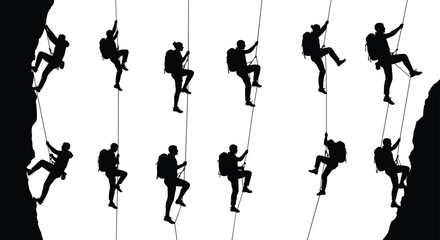 Black silhouettes of rock climbers, rappelling, scaling cliffs, steep walls, extreme sports, adventure, outdoor activity, vector illustration, dynamic climbing poses, isolated set