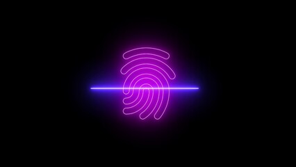 Neon fingerprint scanner with purple and blue light beam on black background identification identity