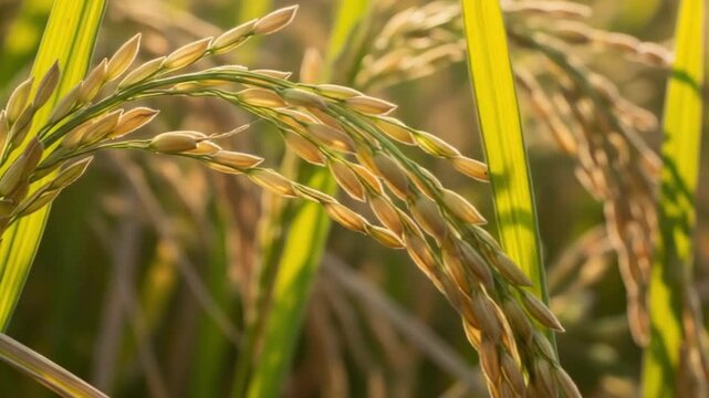 Golden Rice Paddies: Nature's Bounty, Sunlit Harvest, Close-Up