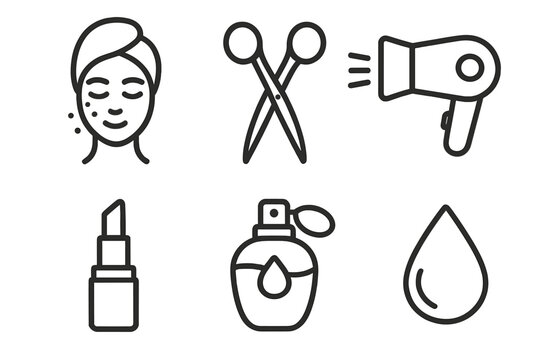Beauty and skincare icon set. Modern outline vector symbols for cosmetics, salon, spa. Includes hairdryer, scissors, lipstick, perfume, face mask, and cosmetic drop icons.
