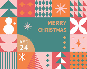 Christmas template with imagery composed of geometric shapes.
