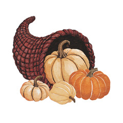 Farm harvest pumpkin cornucopia. Hand drawn watercolor illustration
