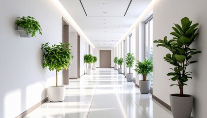 Fototapeta premium A Modern Interior Hallway with Plants: Architecture, Brightness, and Greenery