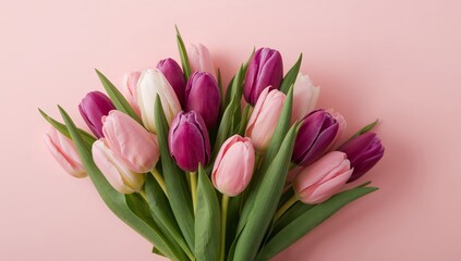 Fototapeta premium Floral Harmony. A Bouquet of Tulips in Pink, Purple, and White Tones, Lightly Illuminated.