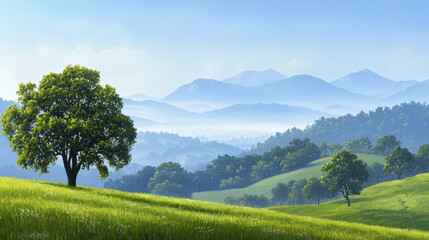 Fototapeta premium Serene landscape featuring rolling green hills, solitary tree, and distant mountains clear blue sky evokes sense
