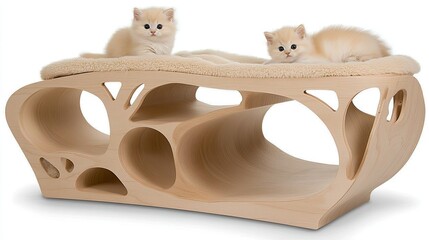 Two playful cats sit atop a wooden cat house, which has cozy climbing spaces and a furry interior, enhancing their playful environment
