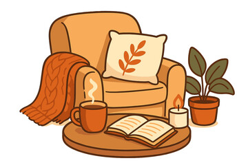 Cozy home interior for relaxation. Hygge lifestyle concept with armchair, hot drink, book, and candle. Autumn comfort scene. Reading and relaxing vector illustration.
