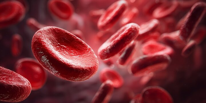 Close-up microscopic view shows red blood cells flowing in a vein or artery. Concept for hematology research, medical illustration and circulatory system visualization