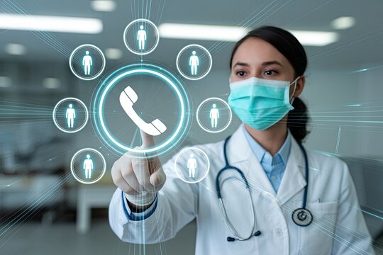 Doctor wearing mask touching futuristic digital interface with medical icons and phone symbol
