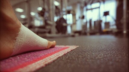 Athlete with injured ankle wrapped in medical tape during workout, sports injury treatment and recovery concept, fitness and healthcare theme.
