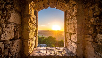 Ancient stone window, sunrise