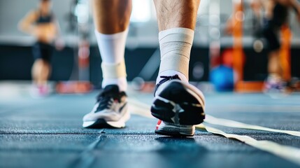 Athlete with injured ankle wrapped in medical tape during workout, sports injury treatment and recovery concept, fitness and healthcare theme.
