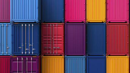 Fototapeta premium Colorful shipping containers stacked together create vibrant and industrial scene, showcasing various hues and textures