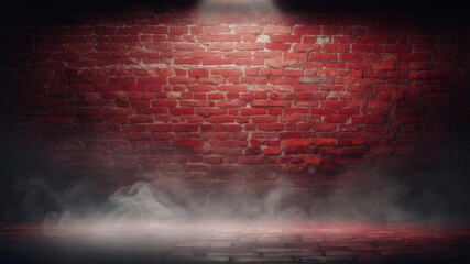 Dramatic stage‑like setting: a red brick wall under a focused spotlight. Wisps of fog roll along the ground, enhancing contrast and texture ideal for posters, banners and product hero shots.