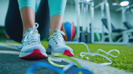 Athlete with injured ankle wrapped in medical tape during workout, sports injury treatment and recovery concept, fitness and healthcare theme.
