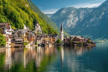 Fototapeta premium Picturesque alpine village reflecting on a lake