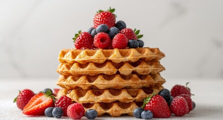 Golden Waffles with Bright Berries A Culinary Still Life in Crisp Detail.