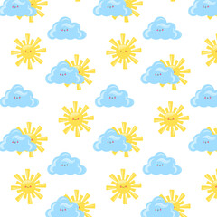 Cute seamless pattern with smiling cloud and sun. Vector Illustrations. White Background