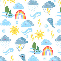 Cute seamless weather pattern with sun, clouds, rainbow, storm, wind, trees and fog. Vector Illustrations. White Background
