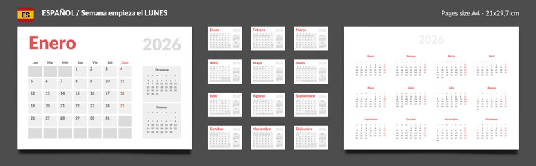 2026 Spanish language Calendar Planner Set of Template Monthly Page, Annual. Vector layout of a wall or desk simple calendar with week start Monday for print. Pages size A4 21x29.7cm