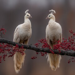 Two elegant white peafowl perched on a branch laden with vibrant red berries, showcasing their beautiful plumage and serene composure.