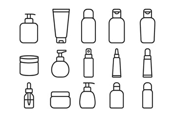Cosmetic bottle line icon set. Skincare packaging vector collection. Cream tube, lotion dispenser, shampoo bottle, spray, jar, and dropper outline symbols for beauty products.