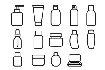 Cosmetic bottle line icon set. Skincare packaging vector icons. Shampoo, lotion, cream tube, serum dropper, spray, and jar outline symbols for beauty and hygiene products.