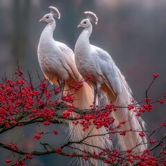 Two exquisite white peafowl perched gracefully on a branch laden with vibrant red berries, showcasing their elegant plumage and serene composure against a soft, muted backdrop.