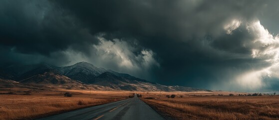 Stormy landscape with a road leading through a field of golden grasses, under a dramatic sky of dark clouds and mountain range