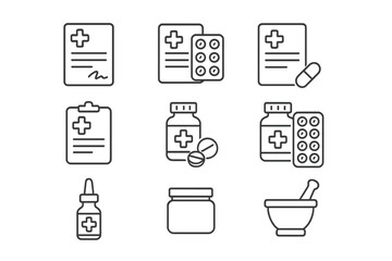 Medical and pharmacy icon set. Healthcare line icons collection. Doctor prescription, medicine pills, drug store symbols. Vector outline illustration for web and apps. Editable stroke.