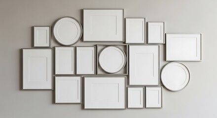 Create a stunning gallery wall display with this collection of modern, minimalist photo frames arranged elegantly on a neutral background for a professional look.