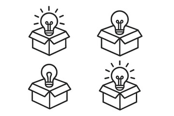 Thinking outside the box icon set. Unboxing new idea metaphor. Creative solution and innovation symbol. Light bulb in a box for startup, discovery, brainstorming and insight.
