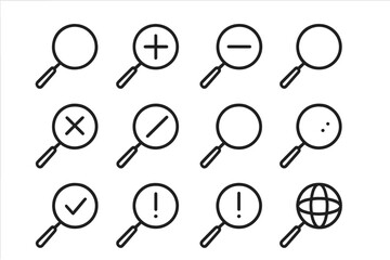 Magnifying glass line icon set. Minimalistic linear pictograms for web and graphic design. Search, zoom in, out, find, success, error, and web discovery symbols. UI UX.