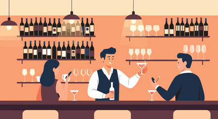 Professional bartender serving cocktails to customers at a lively bar counter creating a welcoming ambiance