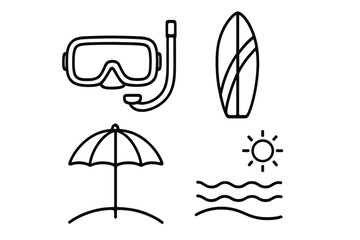 Summer beach vacation icon set. Line art collection with diving mask, snorkel, surfboard, sun, waves and umbrella symbols. Outline vector graphics for travel and leisure.