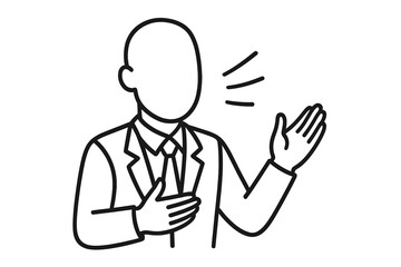 Businessman speaking, outline icon. Man in suit making a promise or presentation. Public speaking, professional lecture symbol. Sincere gesture, anonymous person vector.